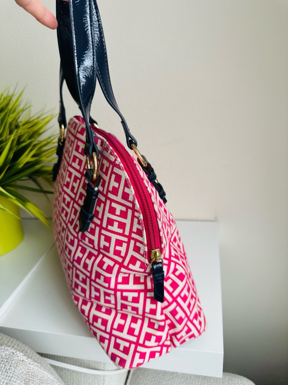 Tommy Hilfiger |  Hot Pink Canvas Patterned Satchel with Black Patent Handles - Picture 4 of 11